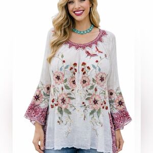 Johnny Was heavily embroidered, kimono sleeve Grace Top NWT
